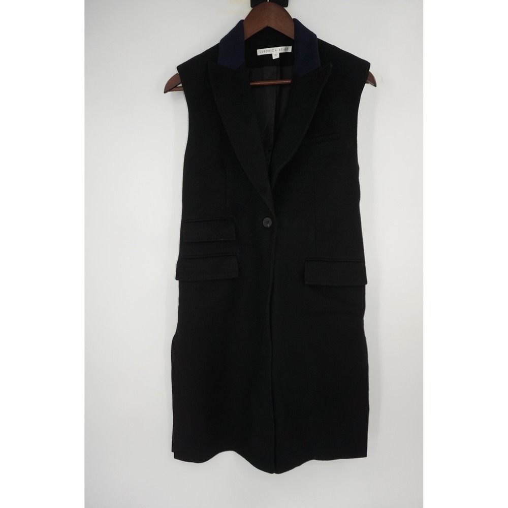 Veronica Beard Vest Womens 4 Black Longline Blazer Wool Cashmere USA Navy Collar